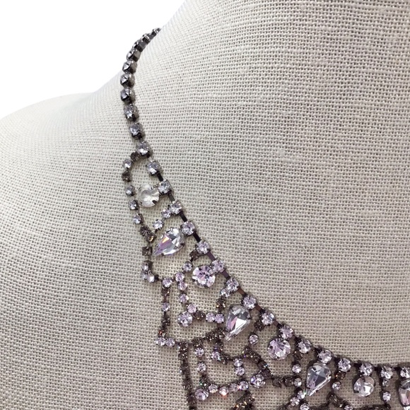 Vintage Rhinestone Bib Necklace, Sparkly Clear Crystal Statement Necklace - Picture 5 of 15